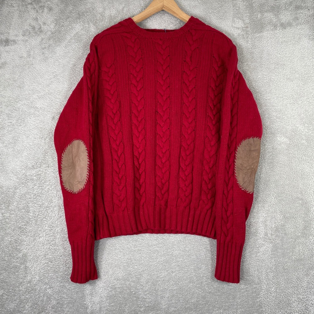Polo Ralph Lauren Sweater Womens Medium Red Wool Linen Cable Knit Elbow Patch